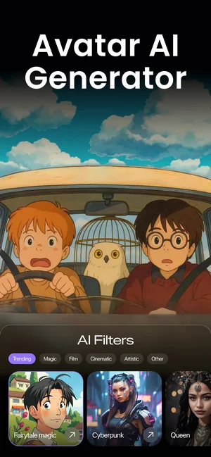 AI Avatar Generator app: AI filters applied to a cartoon driving scene