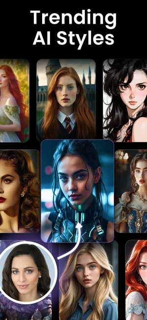 AI Avatar Generator app: grid of trending AI portrait styles
