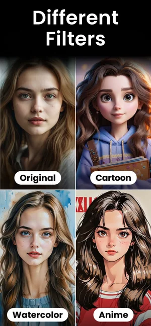 AI Avatar Generator app: one photo rendered as cartoon, watercolor and anime