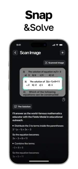 Snap & Solve: a photographed maths equation solved step by step in the chat