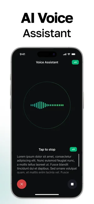 Voice assistant listening, with a live waveform and a stop button