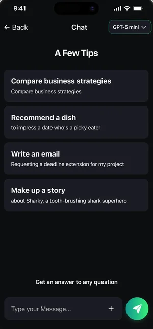 AI Chat Bot app: chat screen with suggested prompts