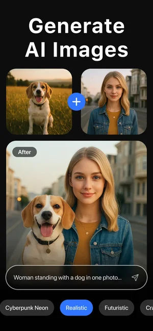Photo restyled by AI: a woman with a dog rendered in a new realistic style
