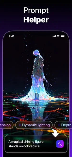 Prompt Helper adding dynamic lighting and depth options to an image of a glowing dress