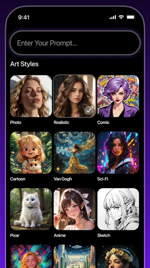 AI Image Generator app: prompt field with a grid of art styles