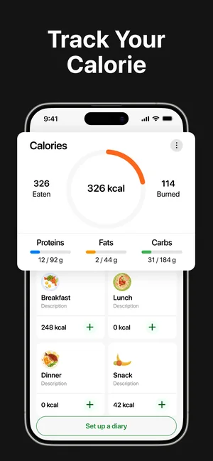 Daily calorie ring showing 326 eaten and 114 burned, with protein, fat and carb totals
