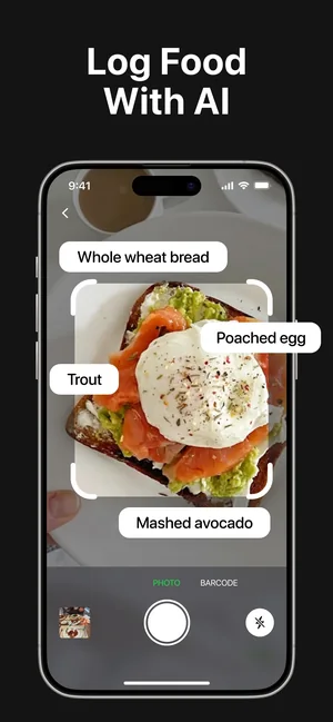 AI food scan recognising bread, poached egg and mashed avocado on a plate