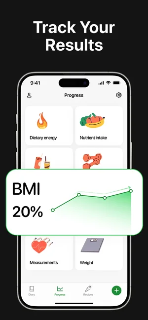 Progress screen with BMI, weight trend and body measurements
