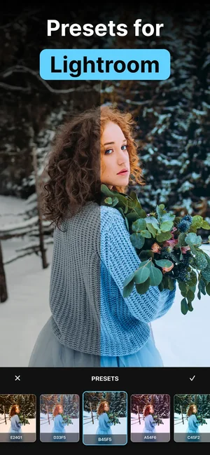 Presets for Lightroom app: before-and-after preset preview on a winter portrait