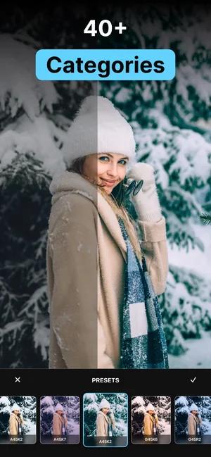 Presets for Lightroom app: preset categories applied to a winter outfit photo