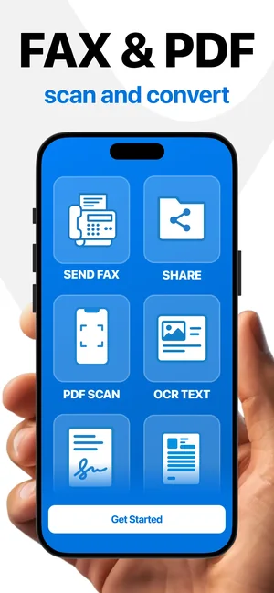 PDF Scanner home screen with Send Fax, Share, PDF Scan and OCR Text tools