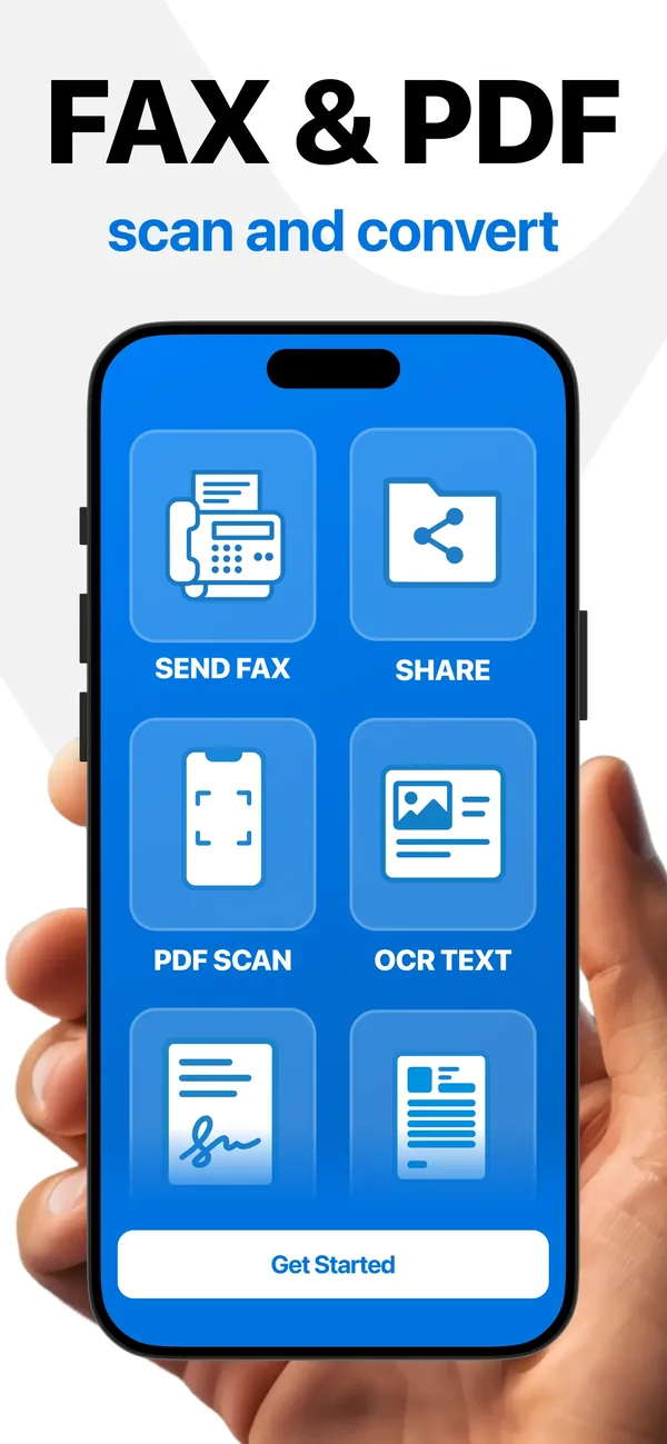 PDF Scanner home screen with Send Fax, Share, PDF Scan and OCR Text tools