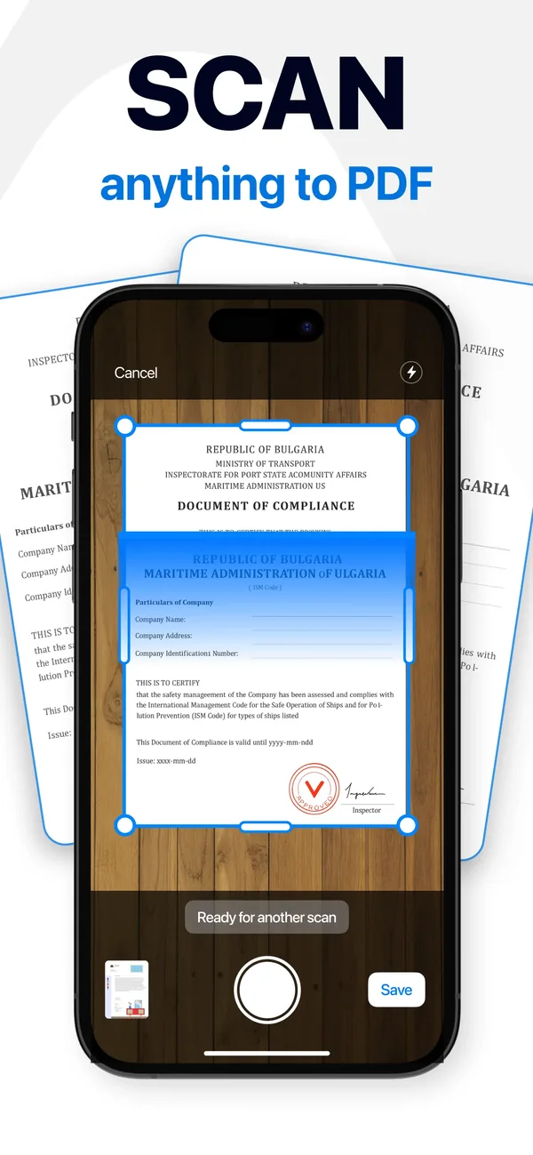 Scanning a printed contract with the iPhone camera, page edges detected automatically