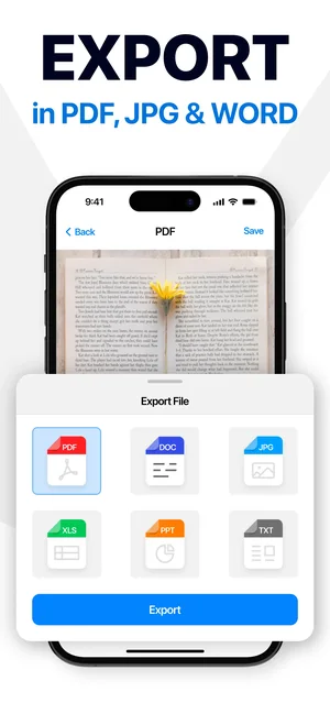 Export panel offering PDF, JPG and Word formats for a scanned document