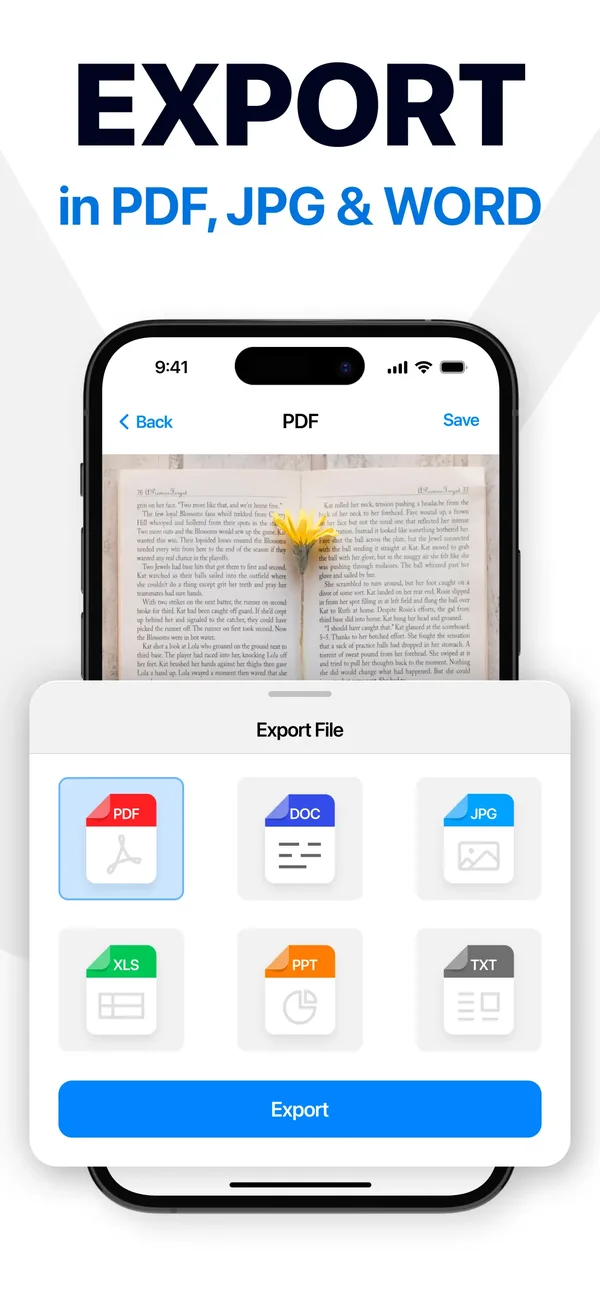 Export panel offering PDF, JPG and Word formats for a scanned document