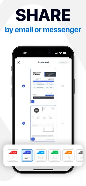 Sharing selected scans by email or messenger from the app