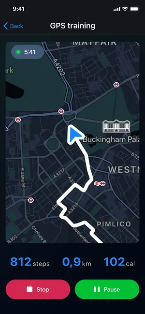 Pedometer app: GPS training screen with a live route map, steps and calories
