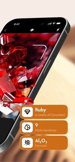 Rock Identifier app: ruby identified with hardness and chemical formula