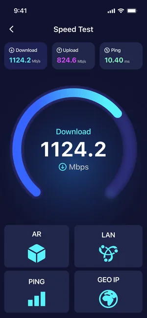 Speed Test app: download speed gauge showing a live measurement