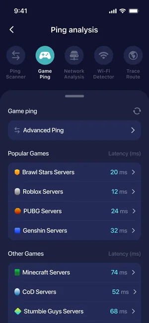 Speed Test app: ping analysis for popular game servers