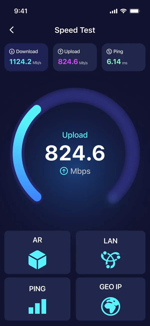 Upload speed reading of 824.6 Mbps on the circular gauge, with AR, LAN, ping and geo IP tools below
