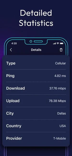 Detailed connection statistics: cellular type, 4.82 ms ping, download and upload speed, city and provider