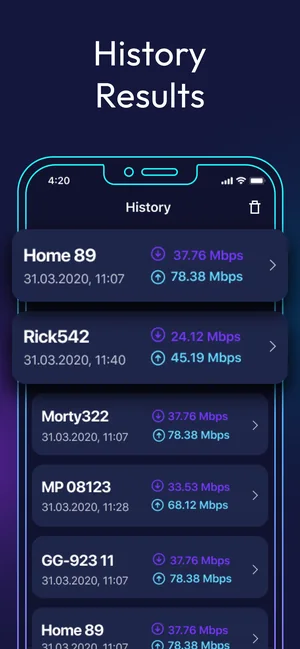 History of previous speed tests listing each network with its download and upload results