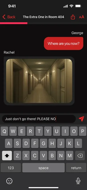 Chat story unfolding as text messages between two characters in a dark corridor