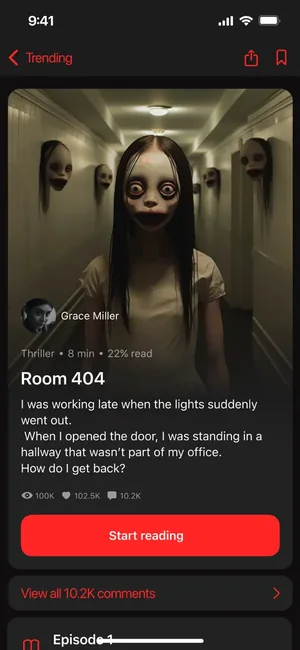 Story chapter titled Room 404 with a start reading button and reader comments