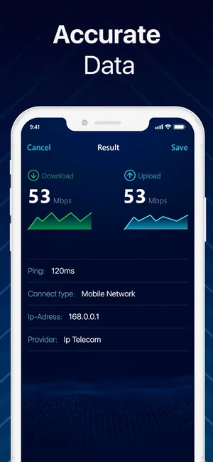 Result screen showing 53 Mbps download and upload with ping and network details
