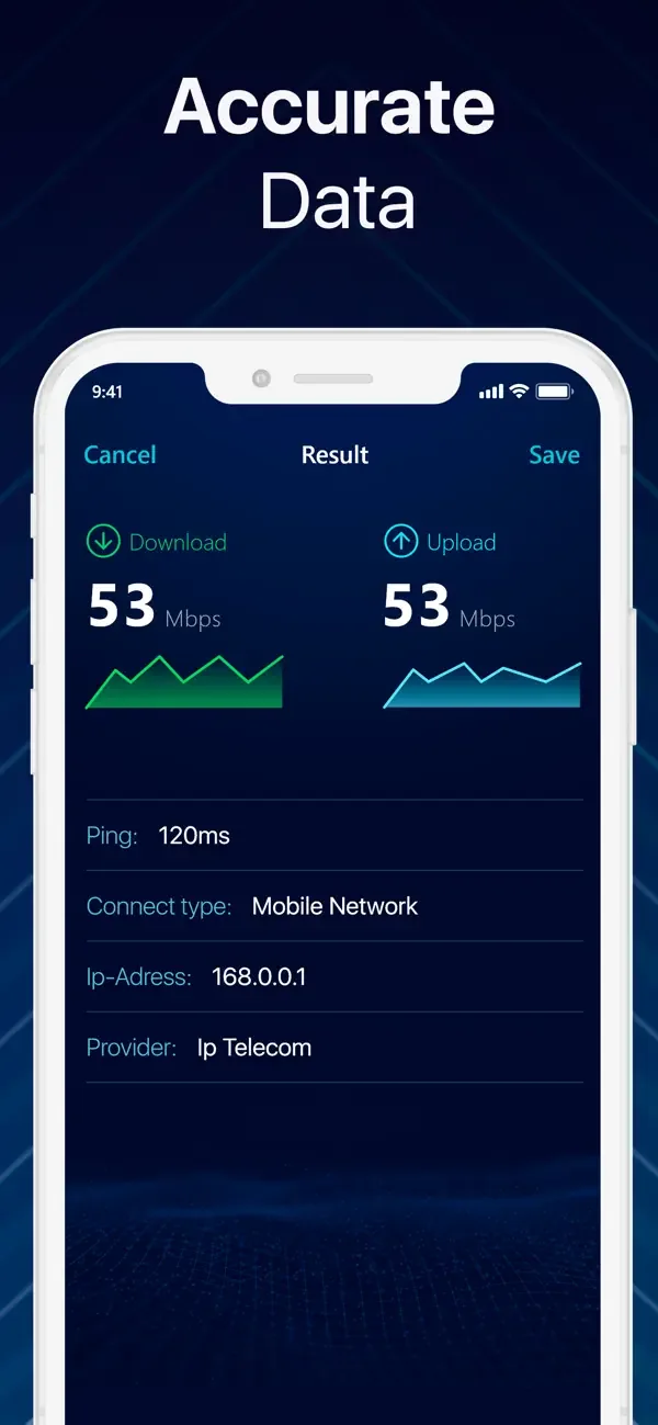 Result screen showing 53 Mbps download and upload with ping and network details