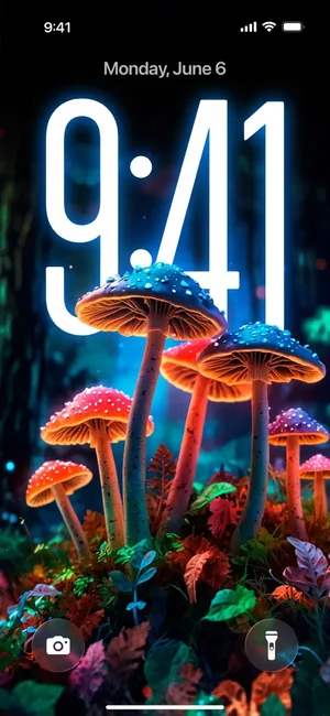 Lock screen preview with a glowing mushroom forest wallpaper
