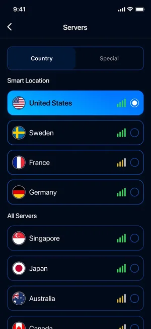 Server list with countries including the United States, Sweden, France and Japan