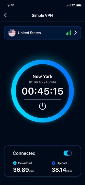 Connected VPN session to New York with elapsed time and current speeds