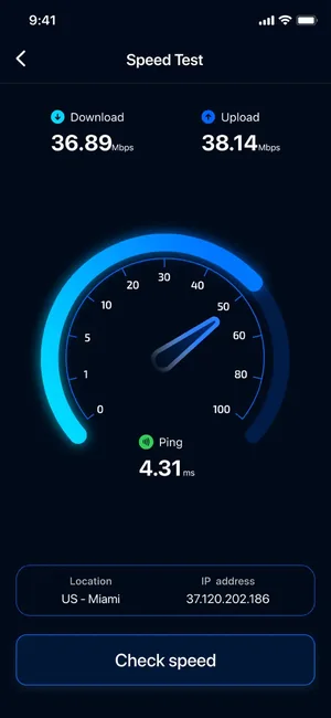 Built-in speed test measuring the connection while the VPN is active