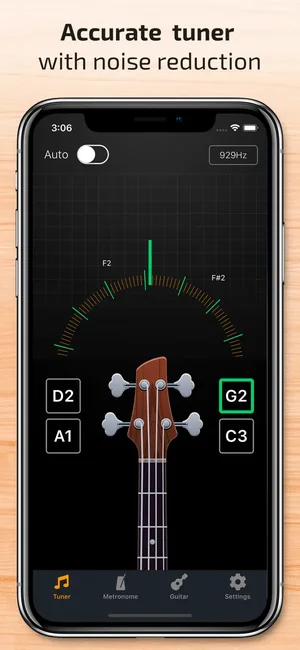 Chromatic tuner showing the D2 string in tune with noise reduction enabled