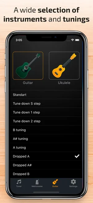 Tuning list with standard, drop and alternative tunings for guitar and ukulele