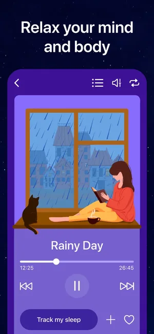Rainy Day scene playing with sleep tracking controls below
