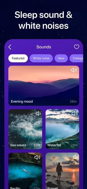 Sound library with evening mood, sea waves and waterfall options