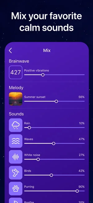 Mixer blending brainwave, melody, rain and white noise levels