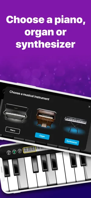 Instrument picker offering piano, organ and synthesiser sounds