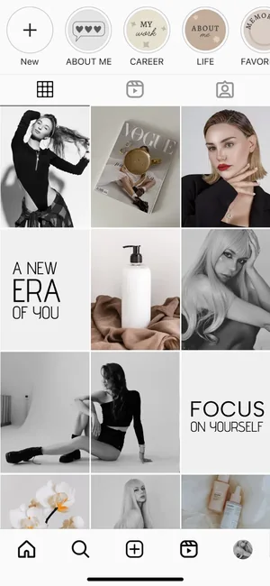 Monochrome grid layout combining portraits and product shots
