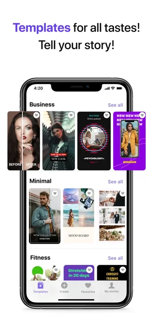 Template library grouped into business, minimal and fitness collections
