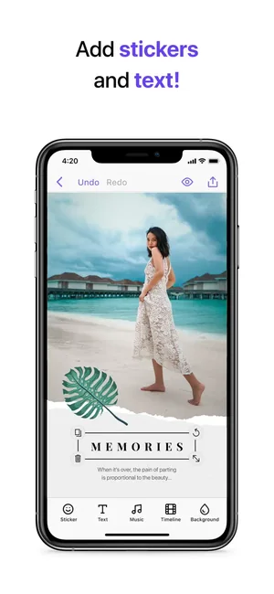 Story being edited with stickers and text over a beach photo