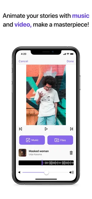 Reel editor adding music and video to an animated story
