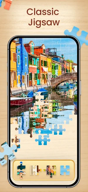 Colourful harbour puzzle being assembled with pieces along the bottom
