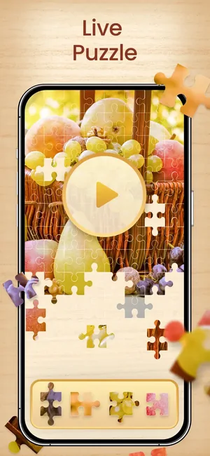 Animated live puzzle with a play button over the picture