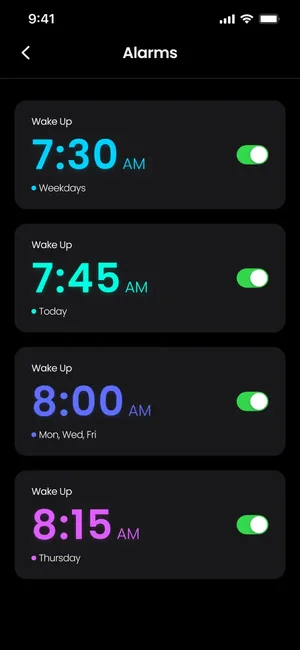 List of alarms set for 7:30, 7:45, 8:00 and 8:15 with weekday labels