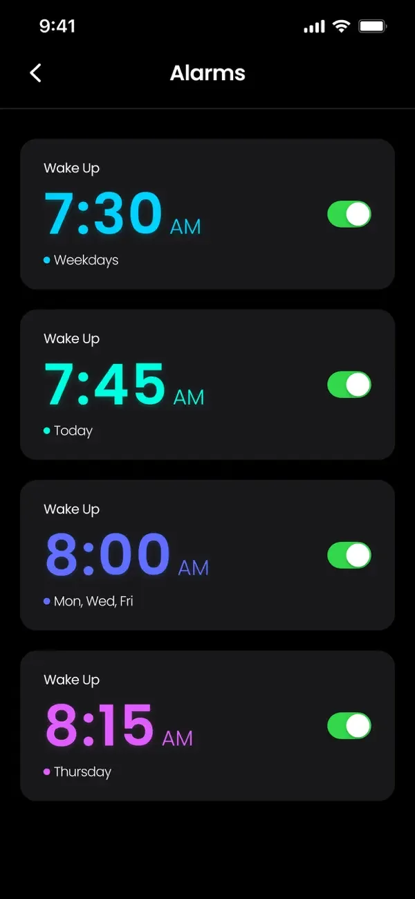 List of alarms set for 7:30, 7:45, 8:00 and 8:15 with weekday labels