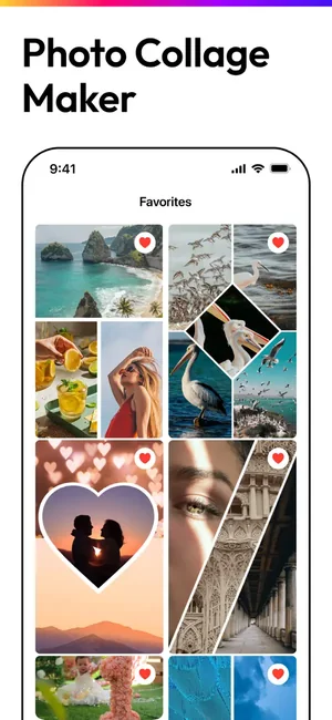 Favourites screen with saved collage templates and shapes